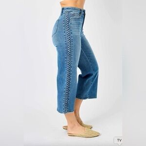 Judy Blue High Rise Cropped Wide Leg Jeans with Braided Side Detail Size 9